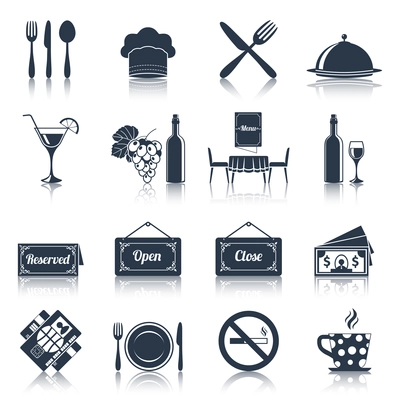 Restaurant food kitchen black icons set with knife fork plate isolated vector illustration