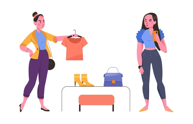 Two women characters buying tshirt and accessories at clothing store flat vector illustration