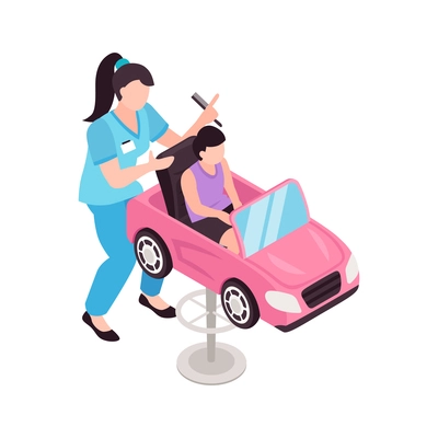 Isometric icon of child hairdresser and little client in chair in shape of pink car vector illustration