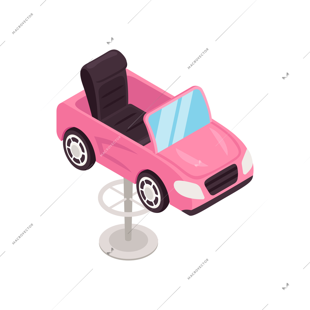 Isometric child seat in shape of pink car for hairdresser salon 3d vector illustration