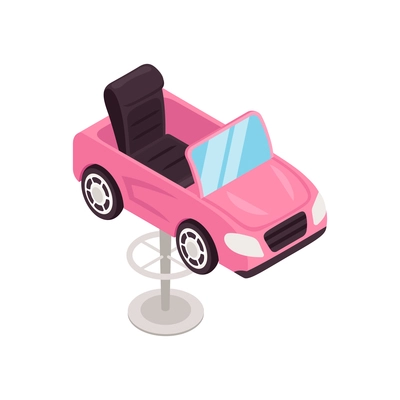 Isometric child seat in shape of pink car for hairdresser salon 3d vector illustration