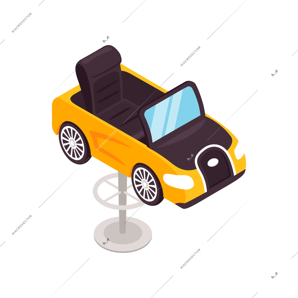 Chair in shape of yellow car for hairdressers isometric icon on white background vector illustration