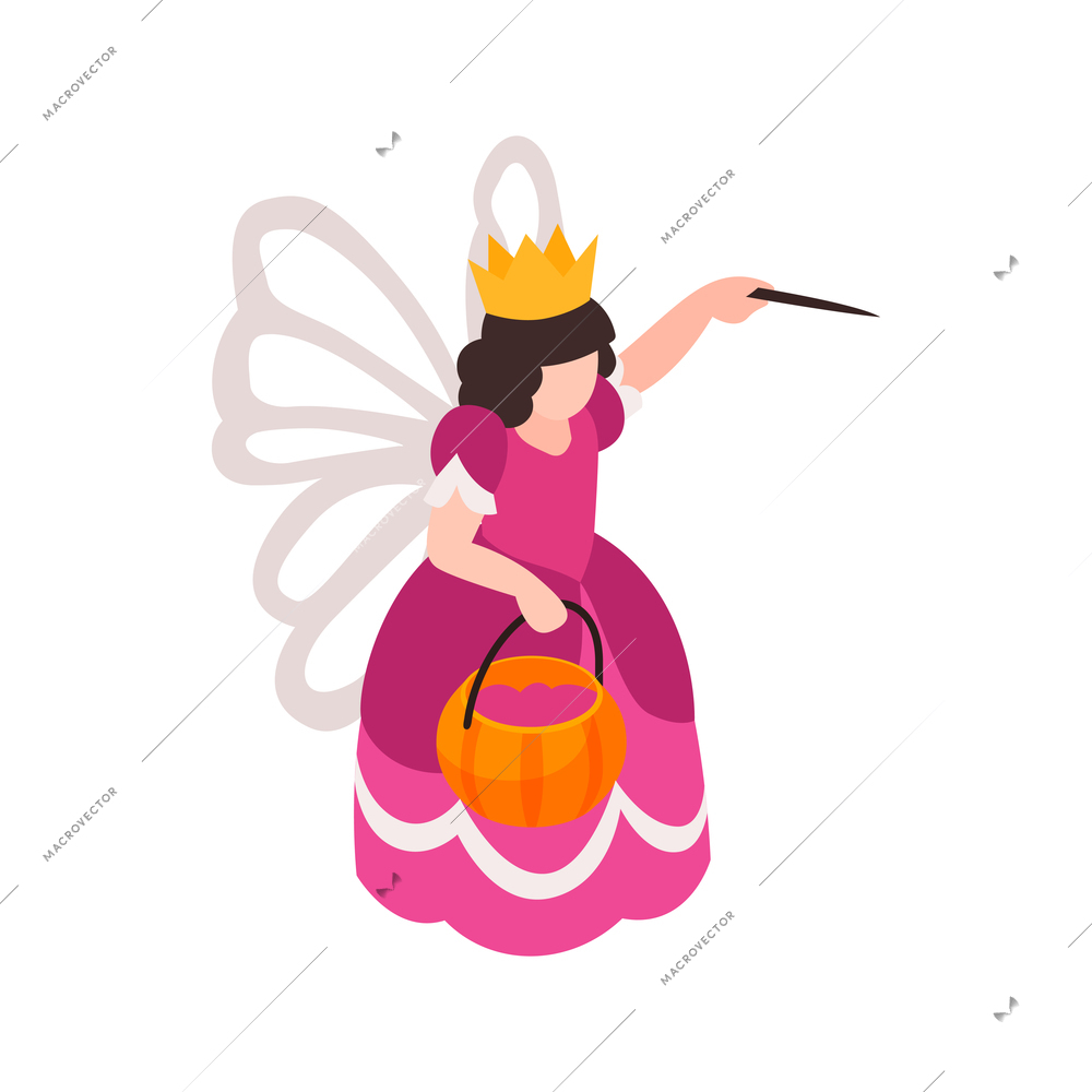 Isometric icon with girl wearing halloween costume of fairy 3d vector illustration