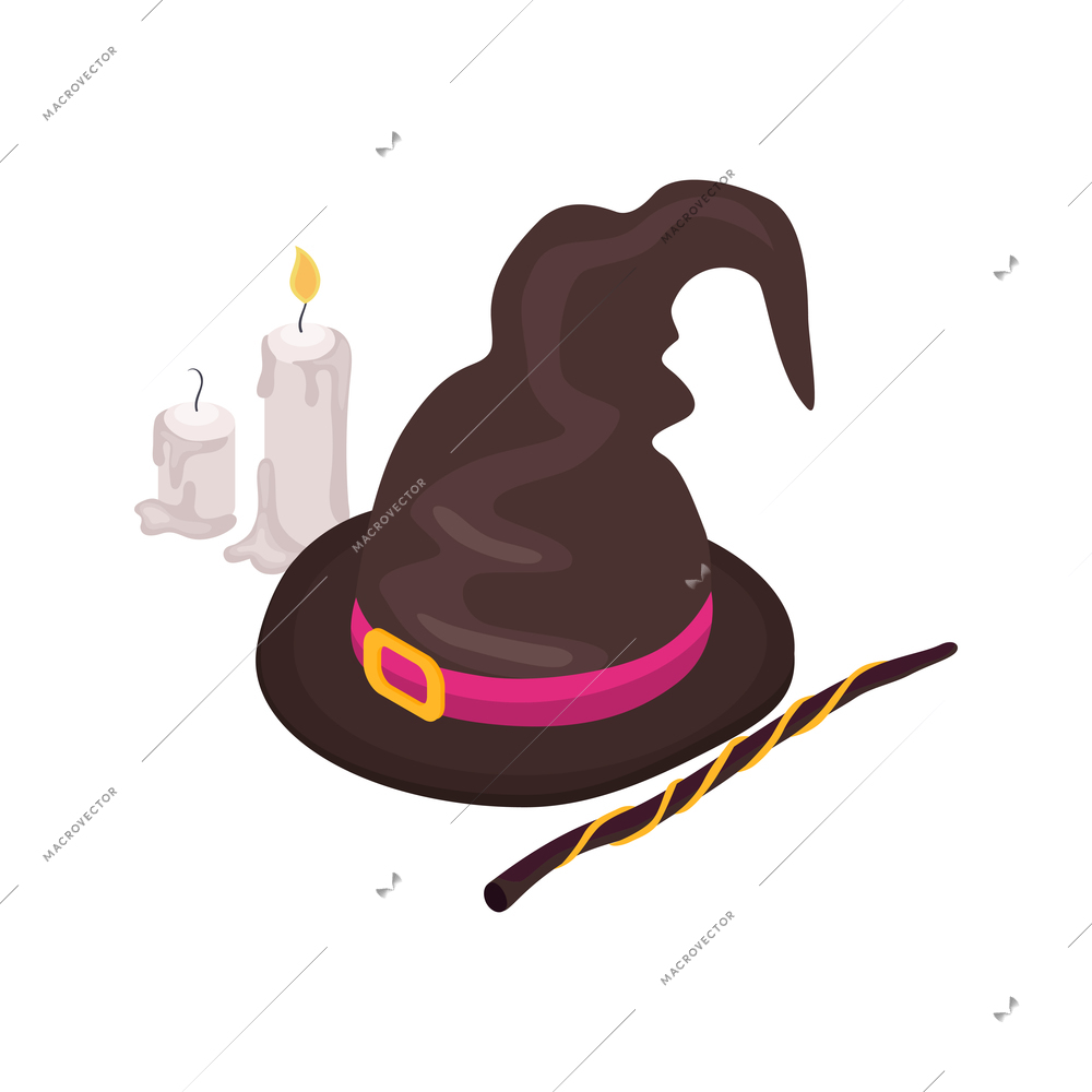 Witchcraft isometric icon with black pointy hat magic wand and candles vector illustration