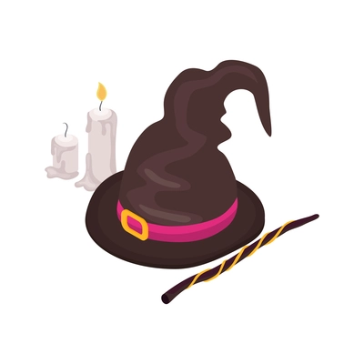 Witchcraft isometric icon with black pointy hat magic wand and candles vector illustration