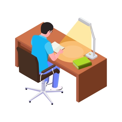 Isometric man reading book at desk with lamp 3d vector illustration