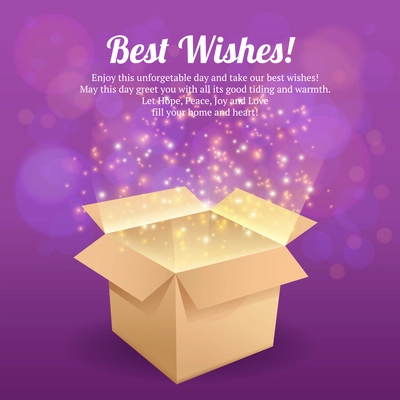 Open carton gift box best wishes postcard with dark background vector illustration