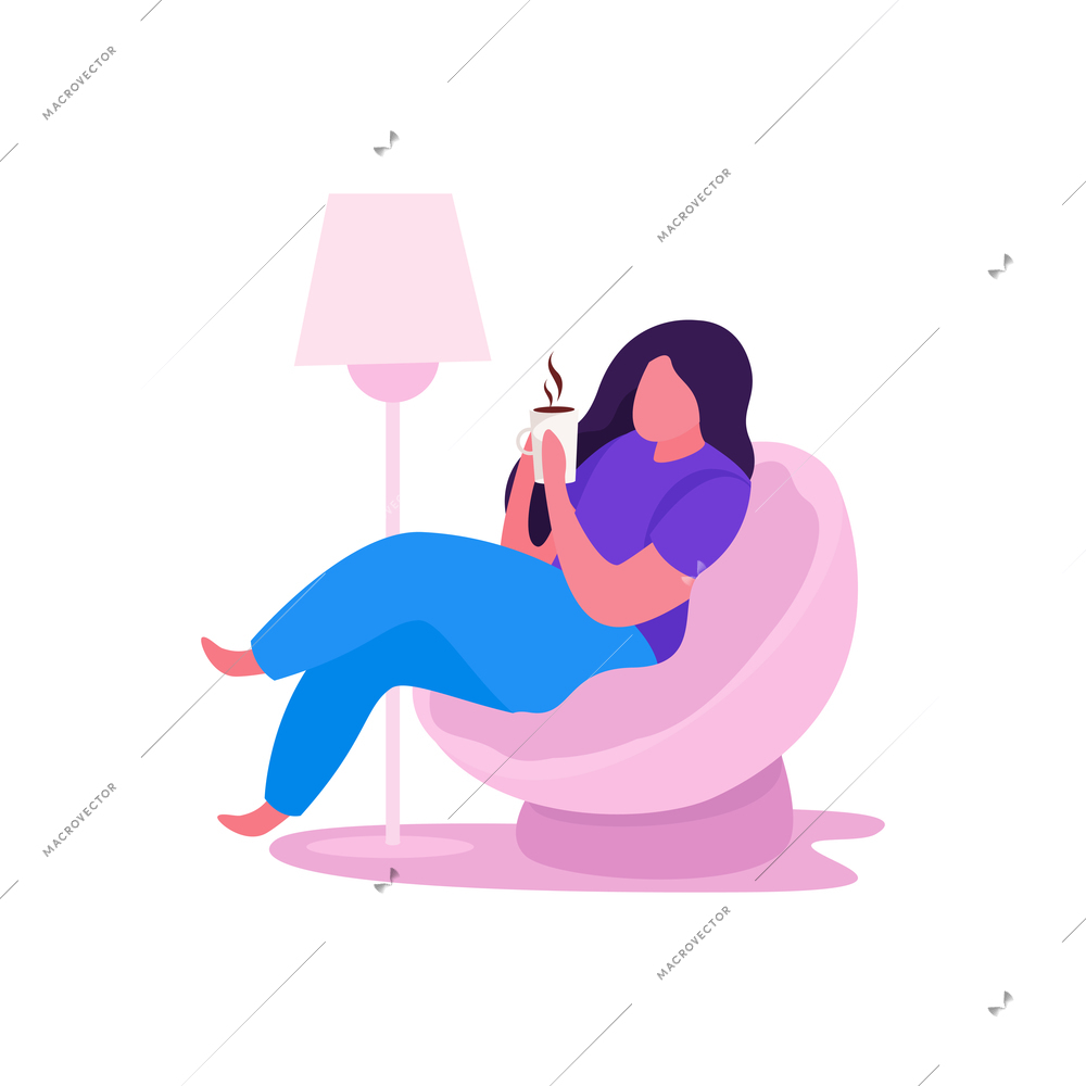 Flat woman relaxing in armchair with cup of coffee vector illustration