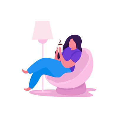 Flat woman relaxing in armchair with cup of coffee vector illustration