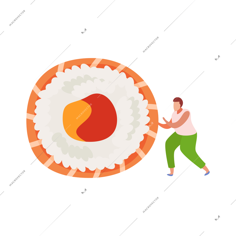 Flat icon with salmon sushi maki and character vector illustration