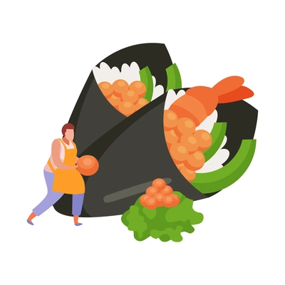 Temaki sushi with shrimp and red caviar flat icon with character of man vector illustration