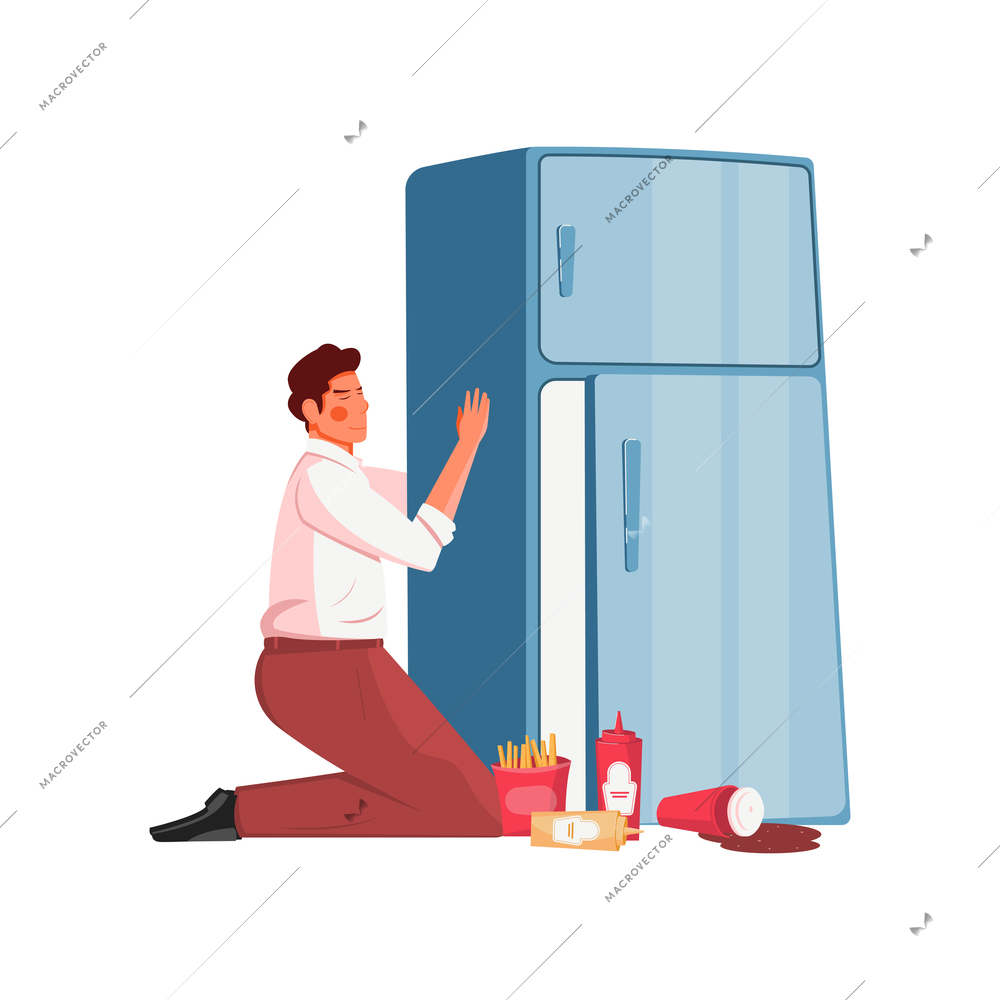 Gluttony flat concept with man hugging fridge with junk food on floor vector illustration