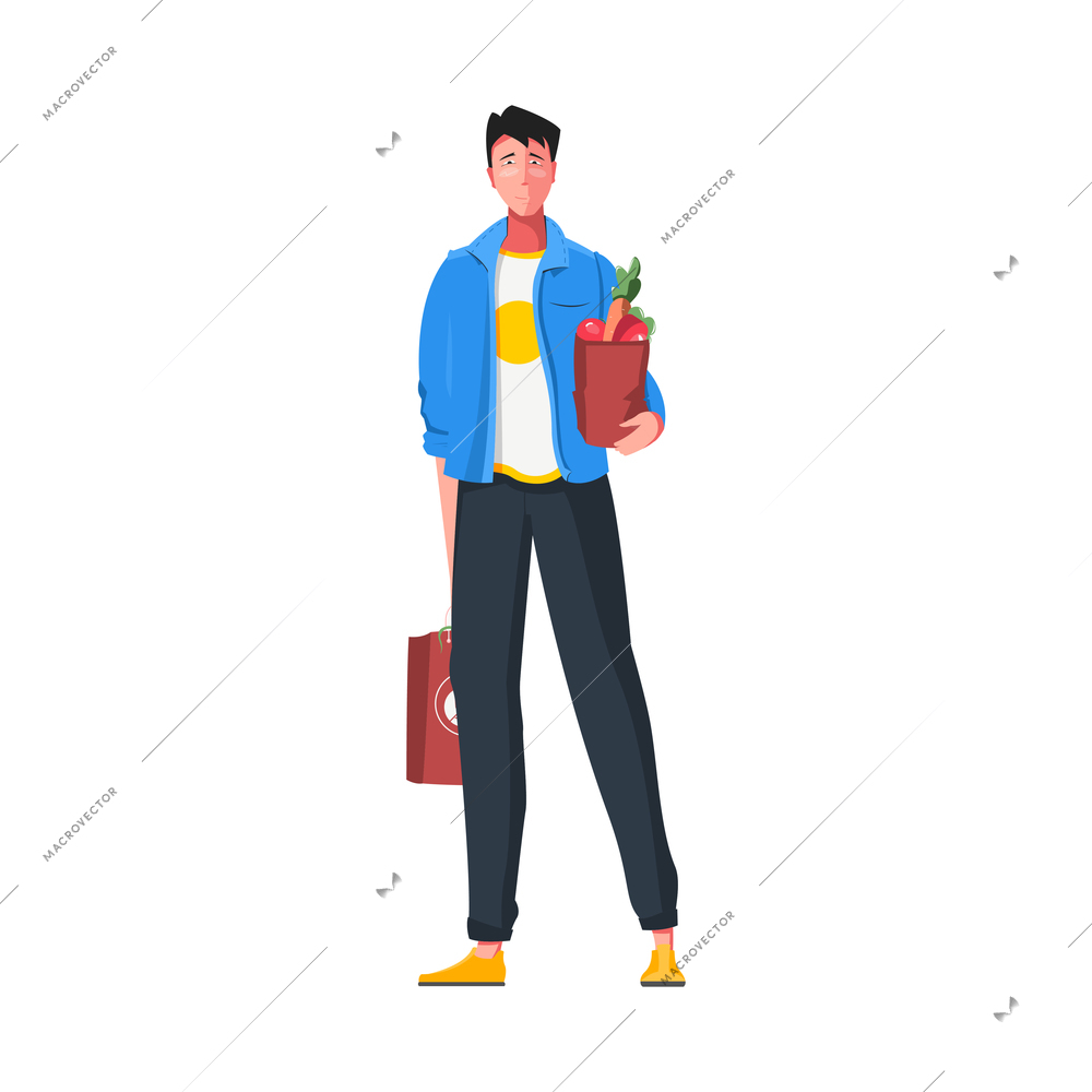 Flat man character holding shopping bags with food on white background vector illustration