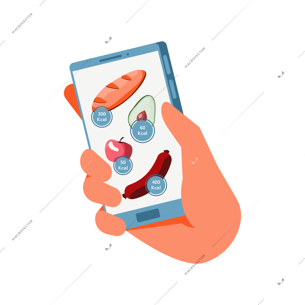 Human hand holding smartphone with calories counter nutrition app flat icon vector illustration