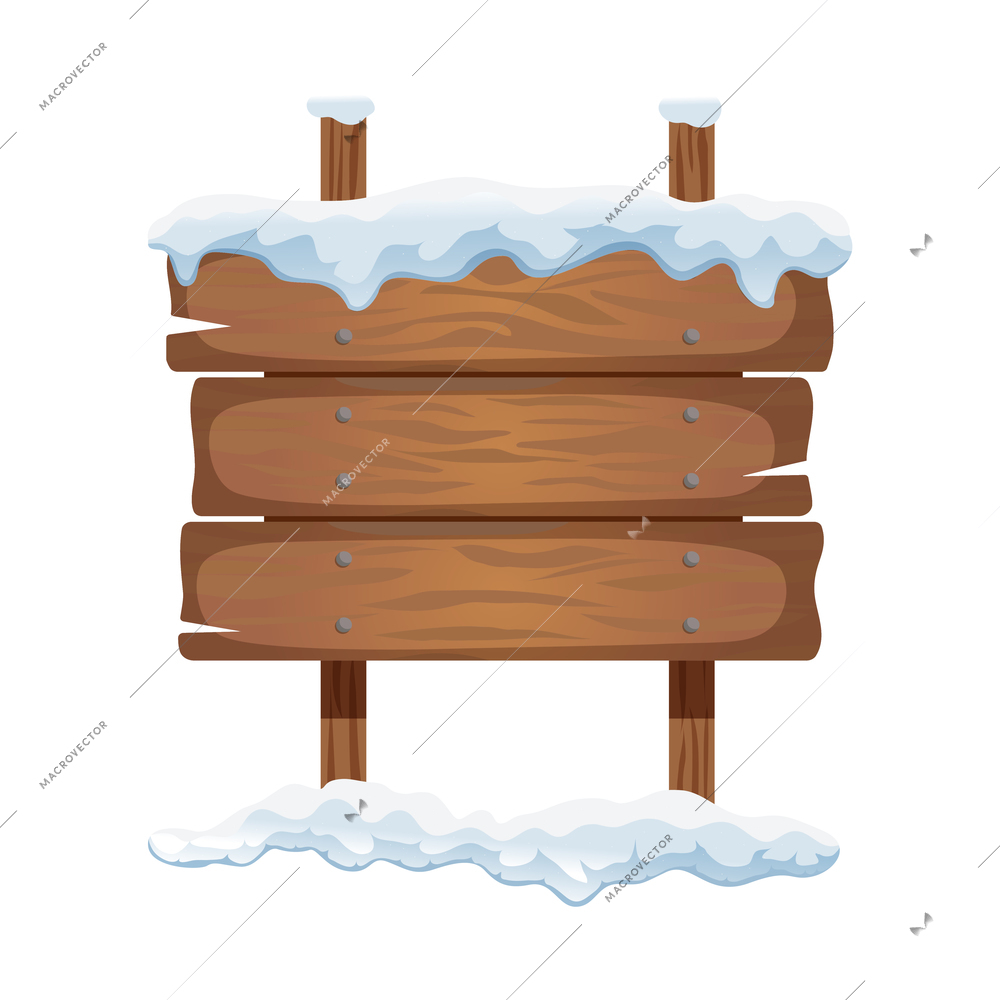 Realistic old wooden sign board with snow cap on white background vector illustration