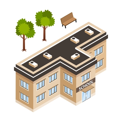 Isometric icon of 3d school building green trees and bench isolated vector illustration