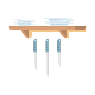 Kitchen interior flat icon with plates on wooden shelf and hanging knives isolated vector illustration