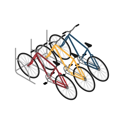 Metal rack with three colorful bicycles isometric icon vector illustration