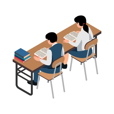 Two school pupils reading book at desk isometric icon on white background vector illustration