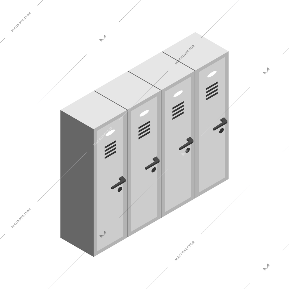 Isometric icon with row of metal school lockers on white background vector illustration