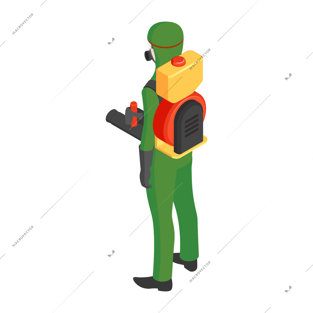 Pest control service worker in protective uniform back view isometric vector illustration