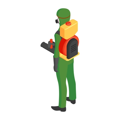 Pest control service worker in protective uniform back view isometric vector illustration