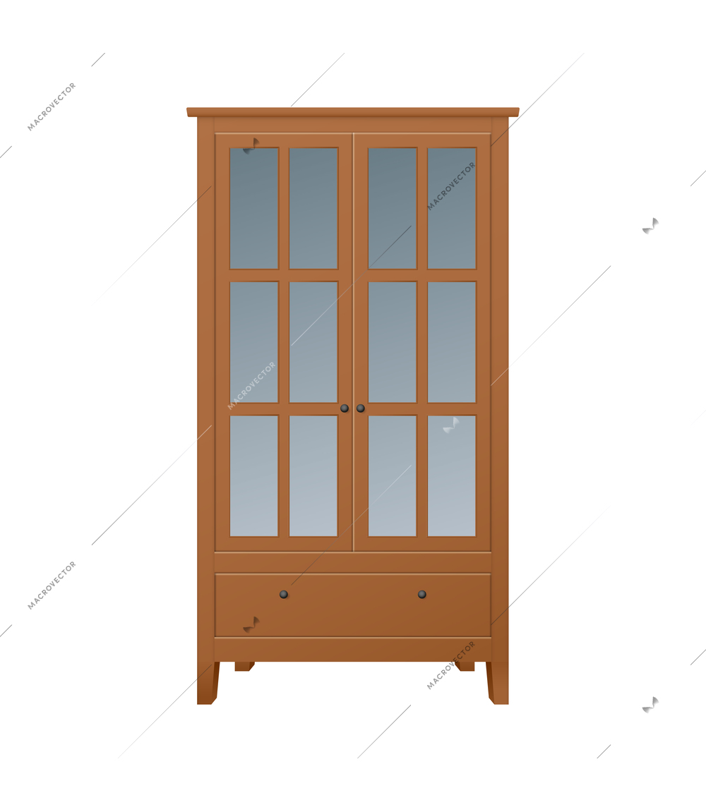 Realistic icon of brown wooden cabinet with drawer and glass doors on white background vector illustration