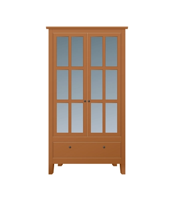 Realistic icon of brown wooden cabinet with drawer and glass doors on white background vector illustration