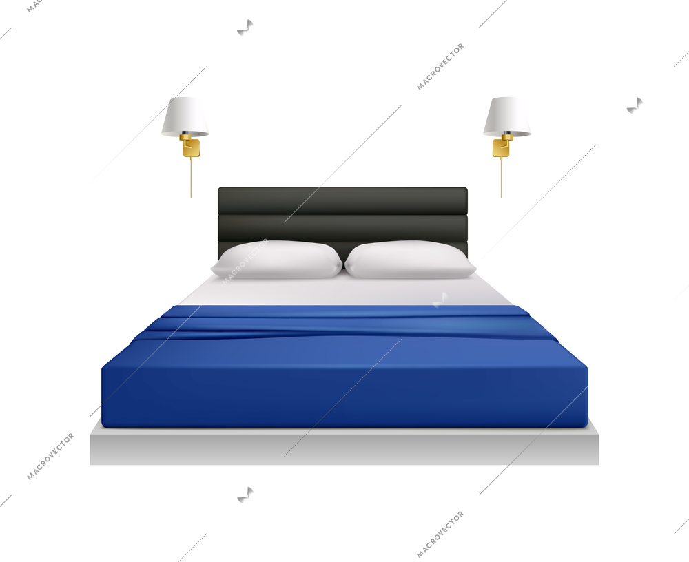 Modern bedroom realistic icon with double bed and two night lights vector illustration