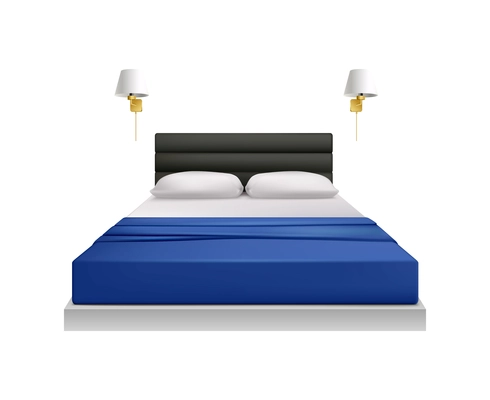 Modern bedroom realistic icon with double bed and two night lights vector illustration