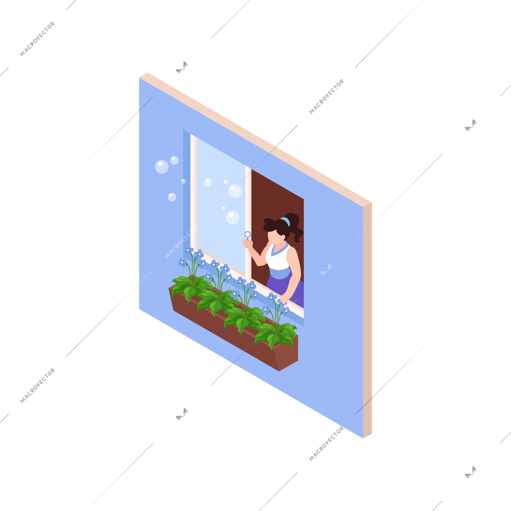 Girl looking out of open window and blowing soap bubbles 3d isometric vector illustration