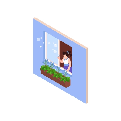 Girl looking out of open window and blowing soap bubbles 3d isometric vector illustration