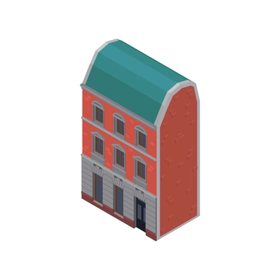 Low rise brick apartment house with green roof side view isometric vector illustration