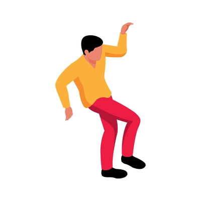 Dancing man character in yellow shirt and red trousers isometric icon vector illustration