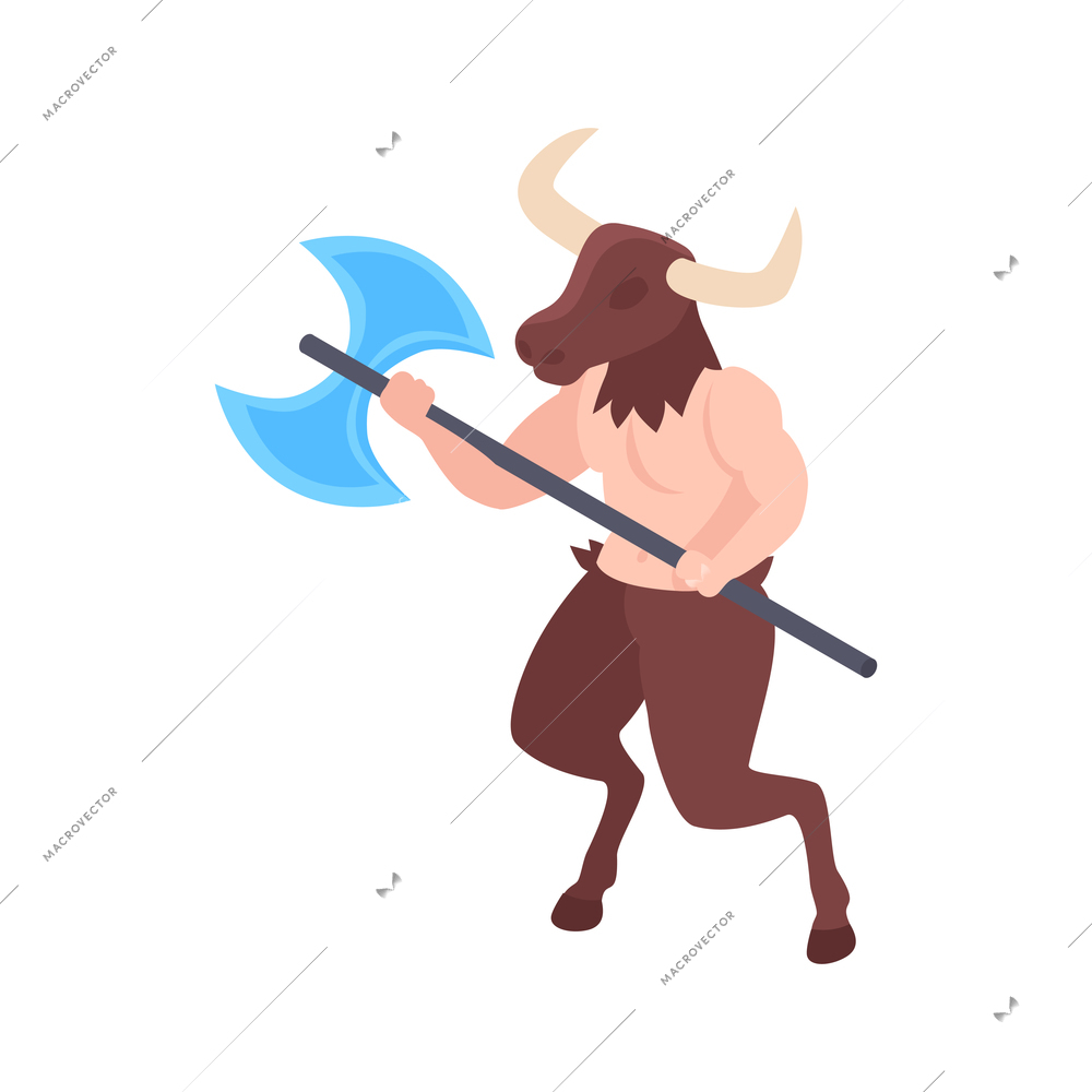 Minotaur character with big battle axe on white background isometric vector illustration