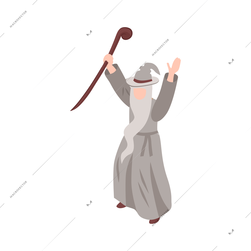 Old wizard character with magic wand isometric icon vector illustration