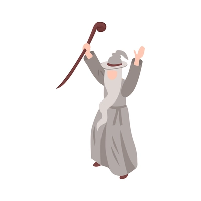 Old wizard character with magic wand isometric icon vector illustration
