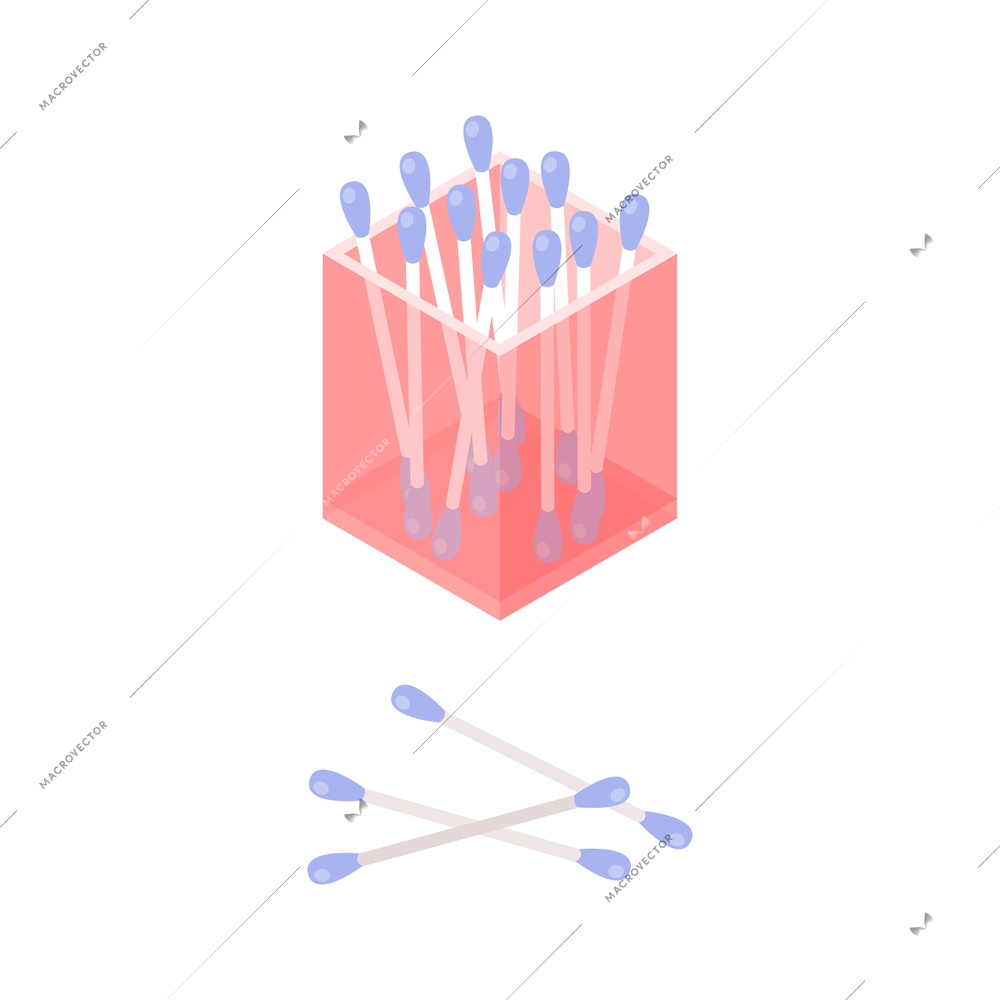 Cotton swabs in plastic box isometric icon on white background 3d vector illustration