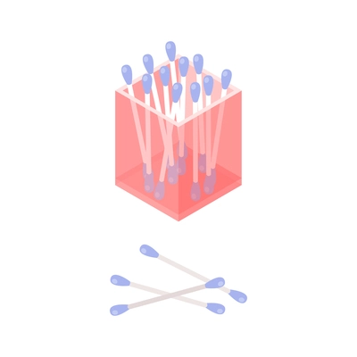 Cotton swabs in plastic box isometric icon on white background 3d vector illustration