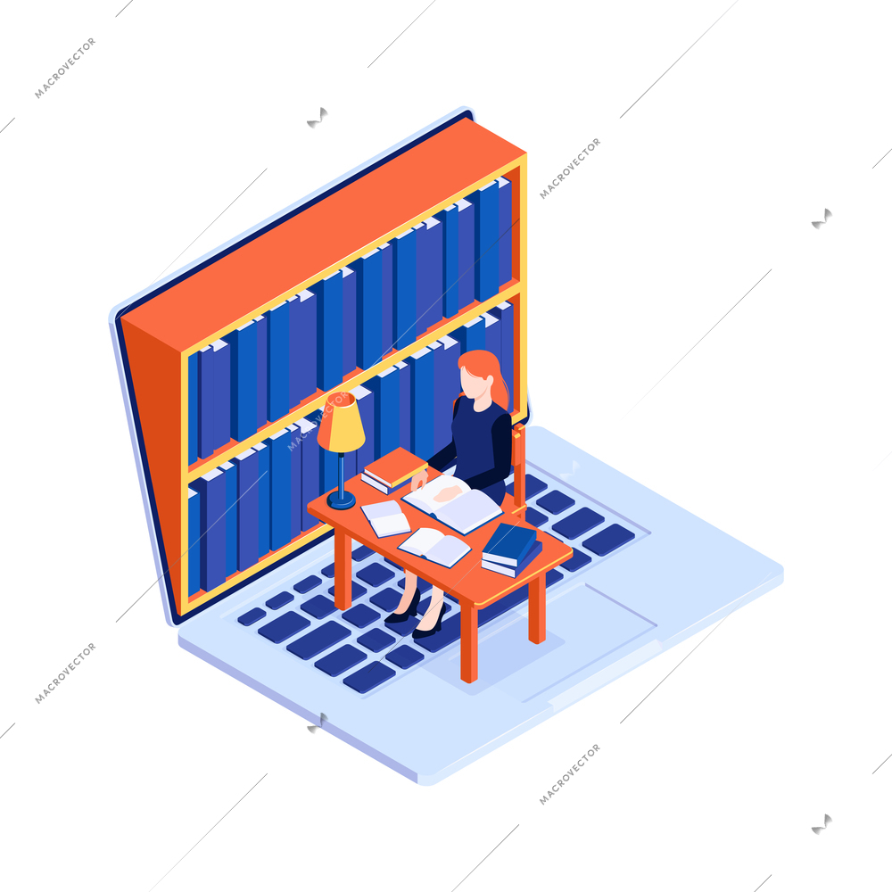 Online library concept with laptop and woman reading books at desk 3d isometric vector illustration