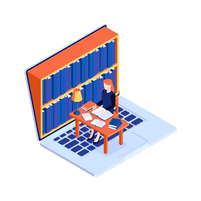 Online library concept with laptop and woman reading books at desk 3d isometric vector illustration