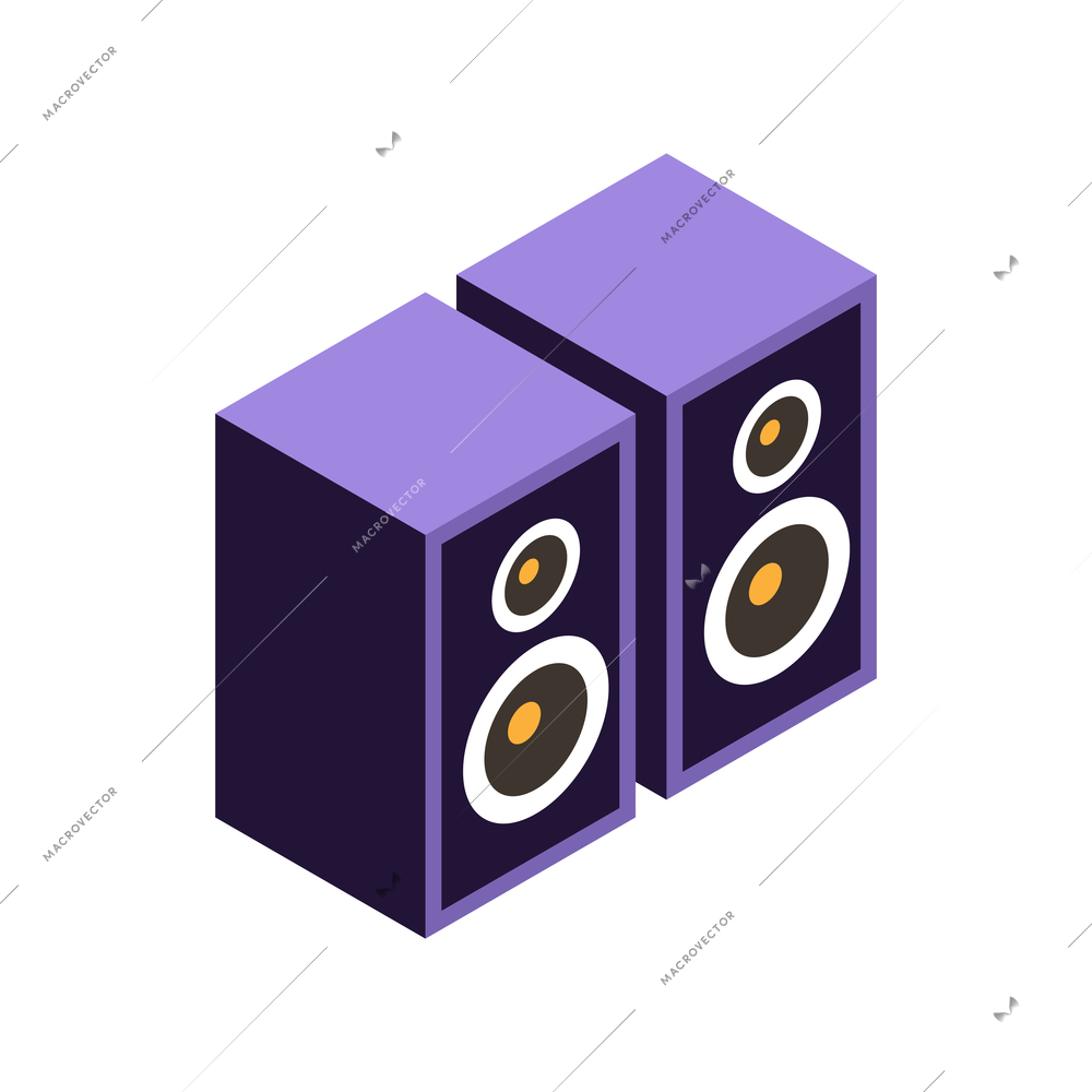 Two big violet audio speakers on white background isometric vector illustration