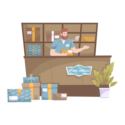 Post office counter with male worker and parcels on shelves flat icon vector illustration
