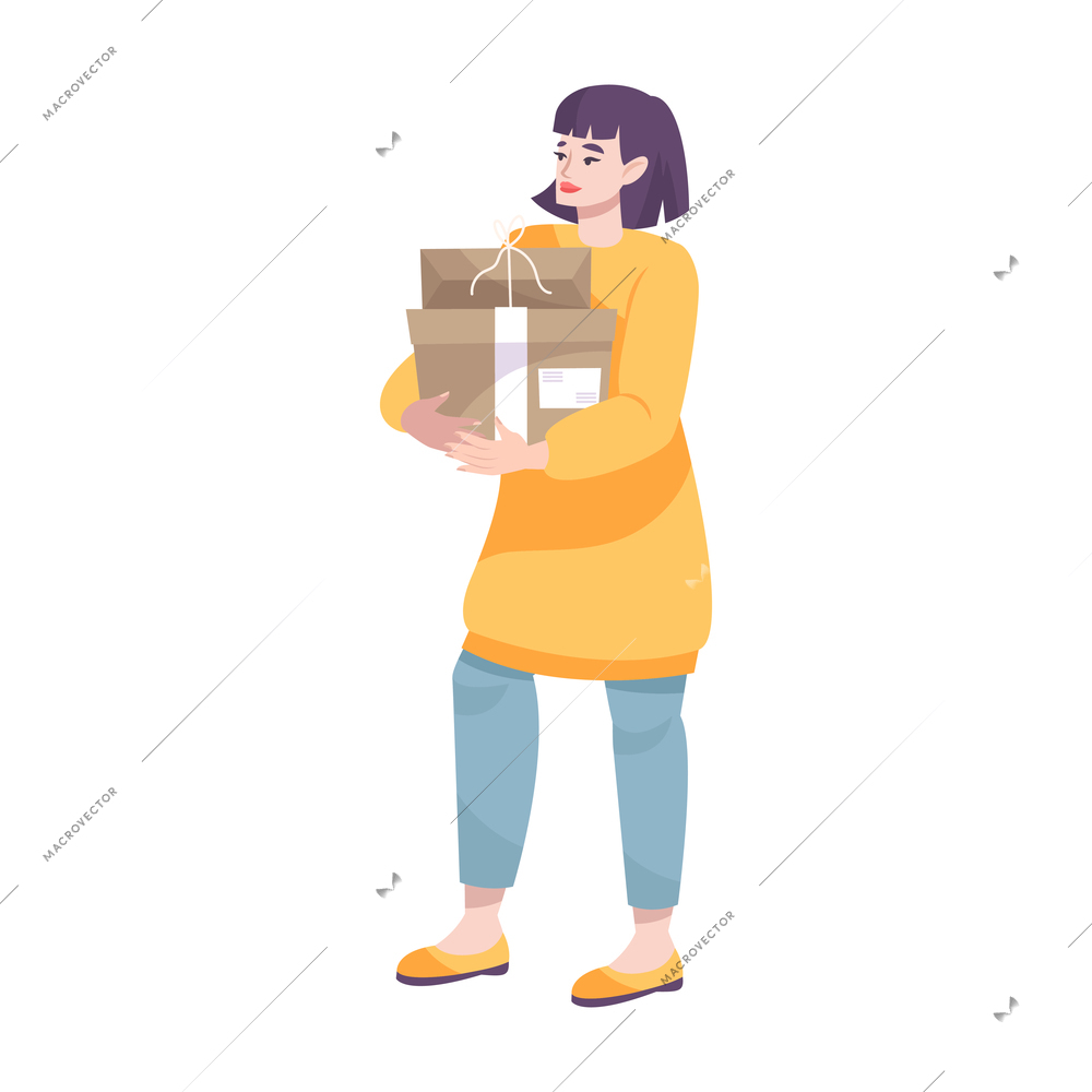 Post flat icon with woman carrying parcels on white background vector illustration