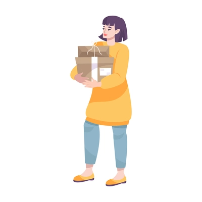 Post flat icon with woman carrying parcels on white background vector illustration