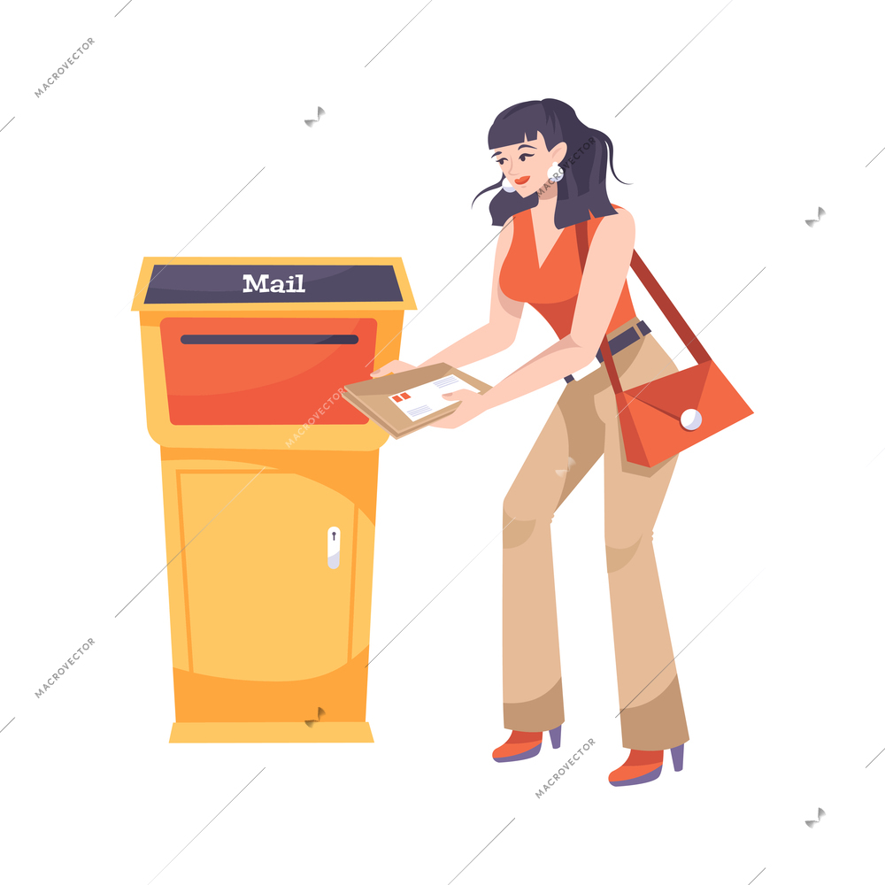 Woman putting letters in mailbox flat vector illustration