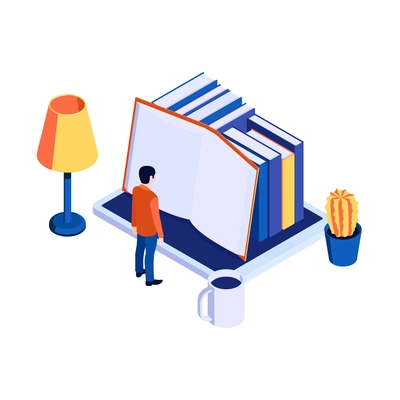 Isometric icon with character reading electronic books on tablet 3d vector illustration