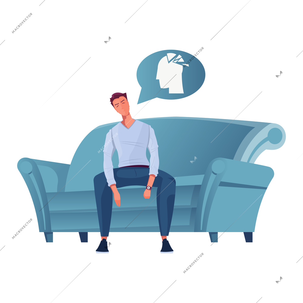 Depressed man with negative thoughts on sofa flat vector illustration