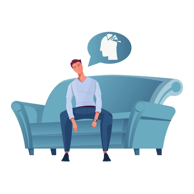 Depressed man with negative thoughts on sofa flat vector illustration