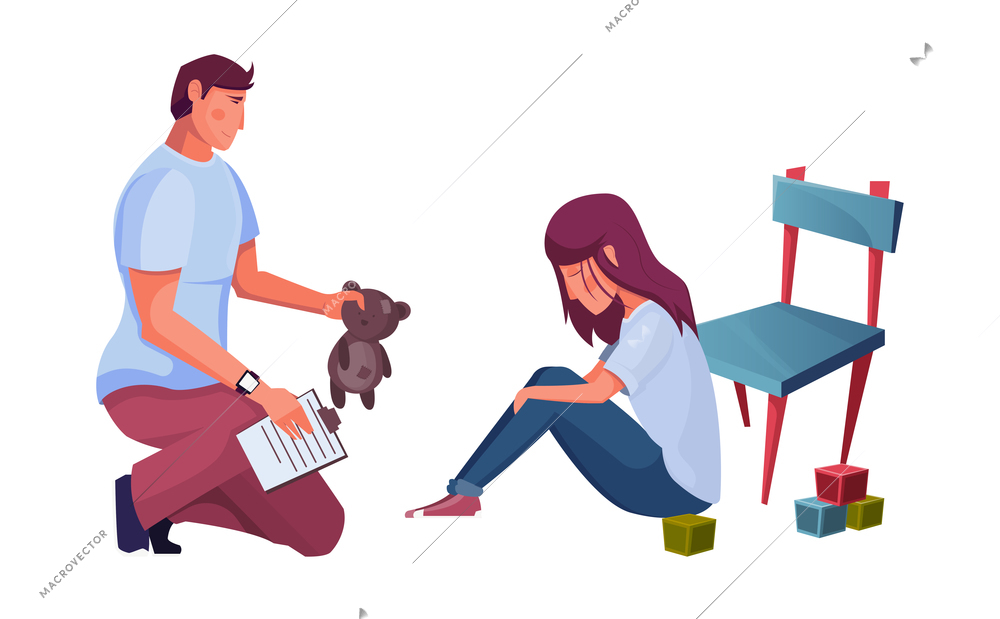 Flat composition with psychologist holding toy and his sad client vector illustration